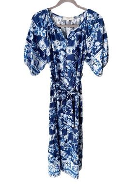 Loft Corfu Maxi Dress Size Medium Blue Puff Sleeve Resortwear Tropical Vacation